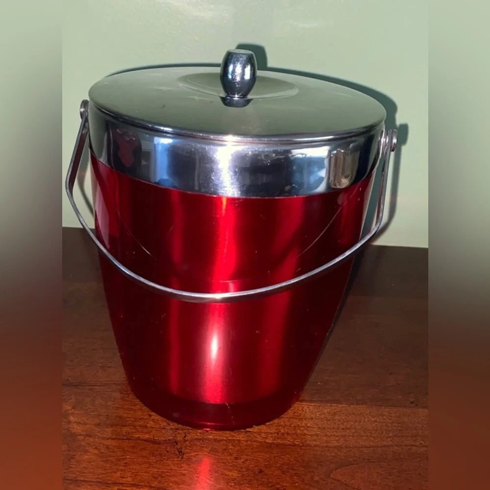 Vintage Classic Retro Red Ice Bucket With Chrome Lid